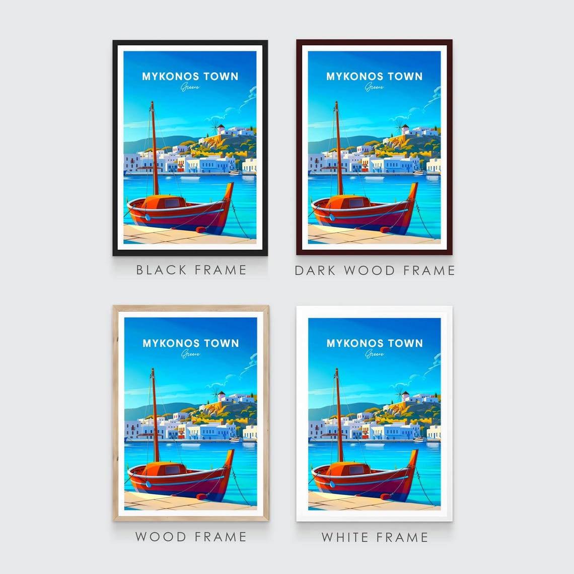 Mykonos Town Greece Red Sailboat Harbor Windmill View Travel Poster - Image 3