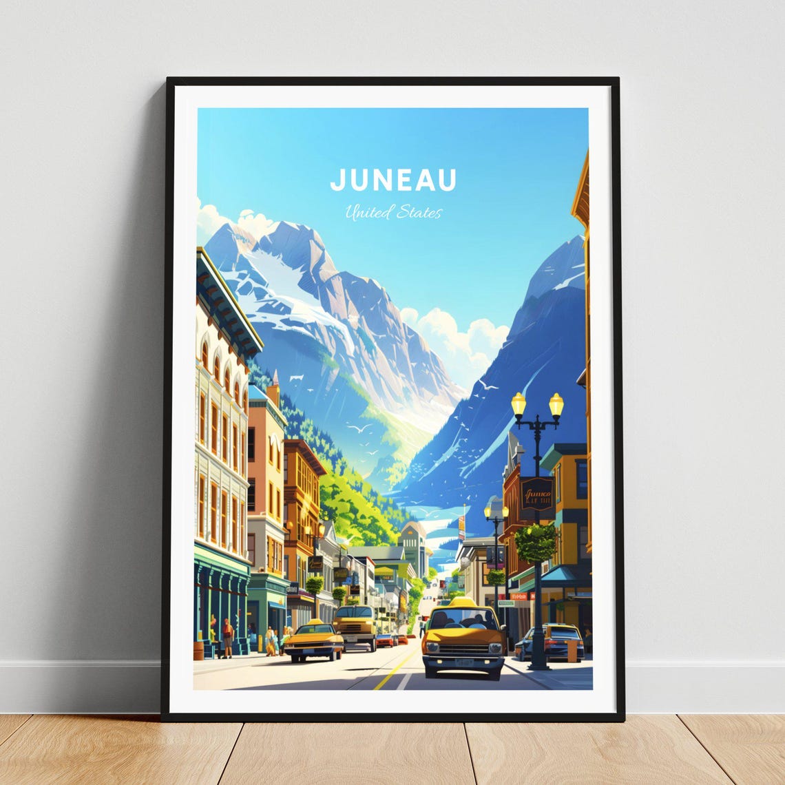 Juneau Alaska Downtown Street Taxis Mountain View Scene Poster