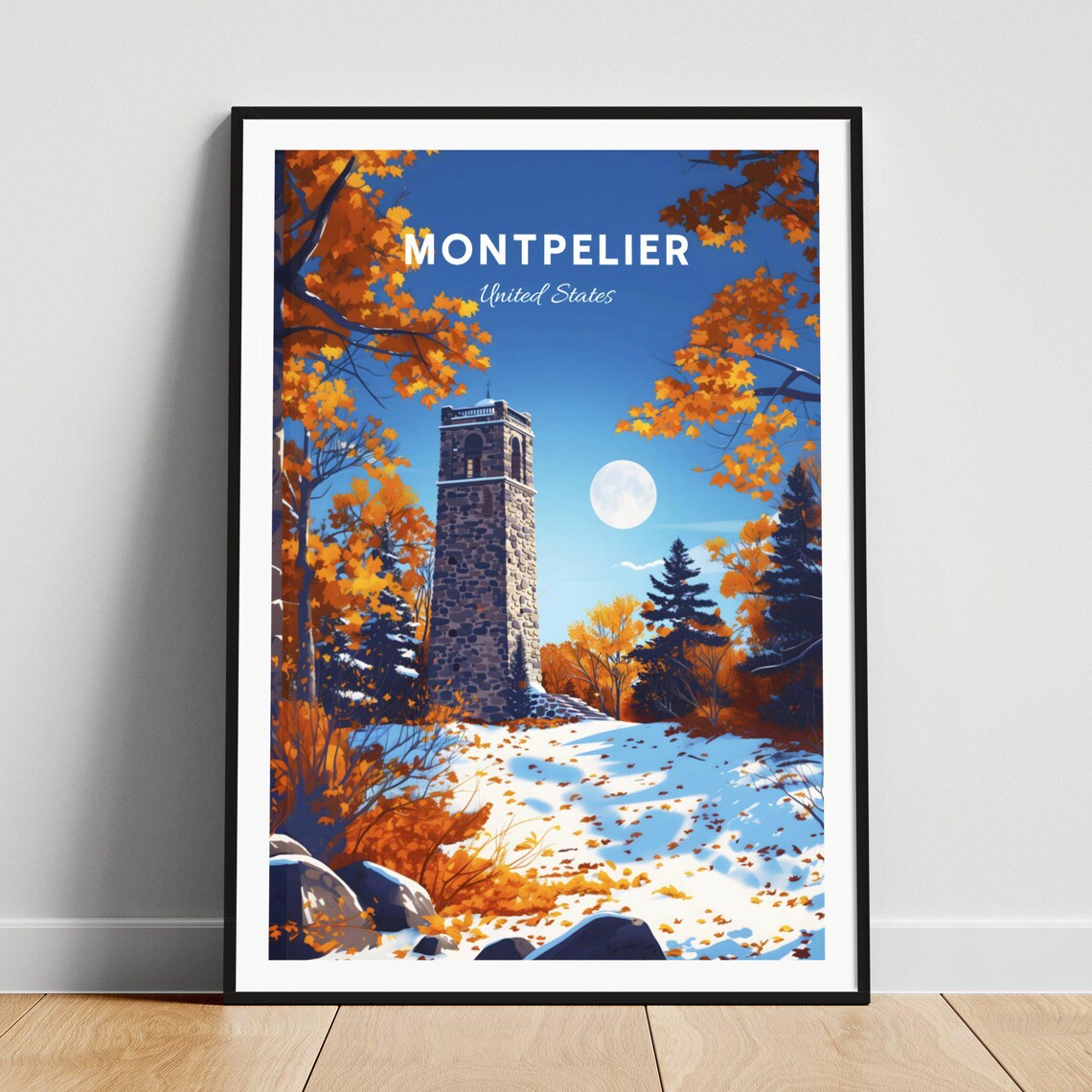 Montpelier Vermont Stone Tower Autumn Snow Night Scene Poster