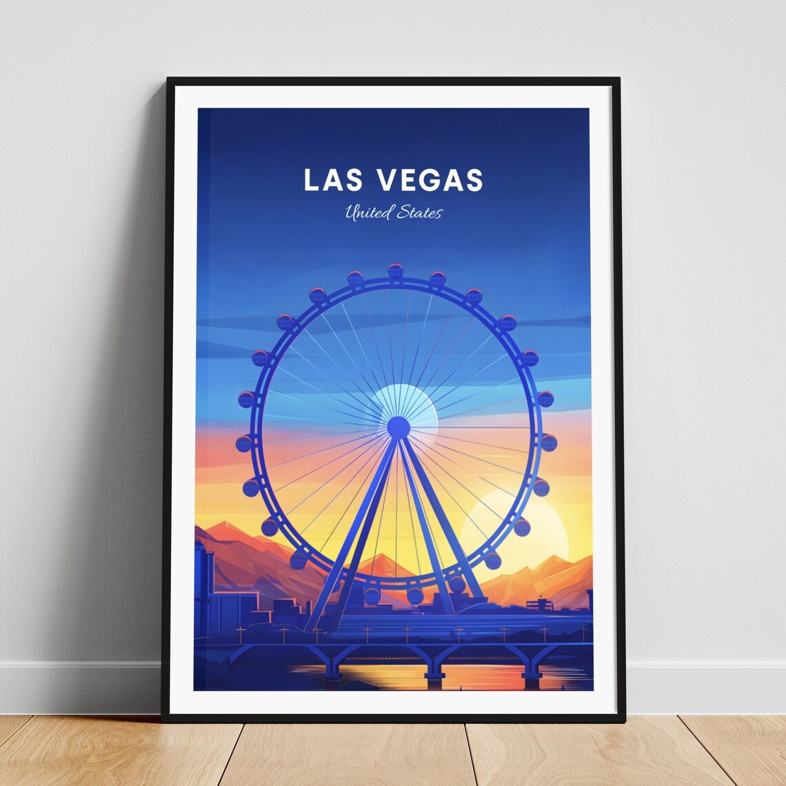 Las Vegas Ferris Wheel At Dusk Over Desert Mountains Travel Poster
