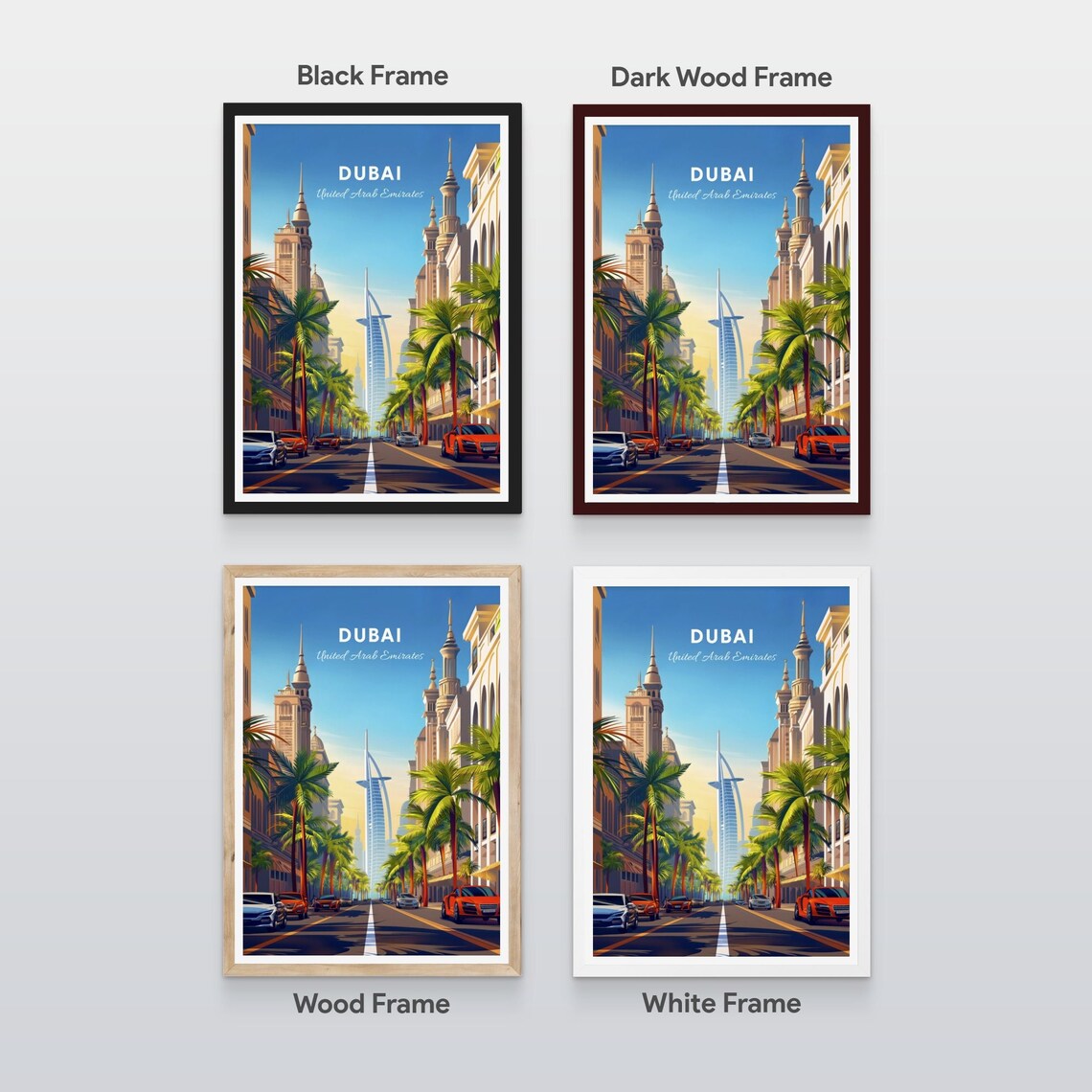 Dubai Burj Al Arab Palm Lined City Street Vintage Travel Art Poster - Image 2