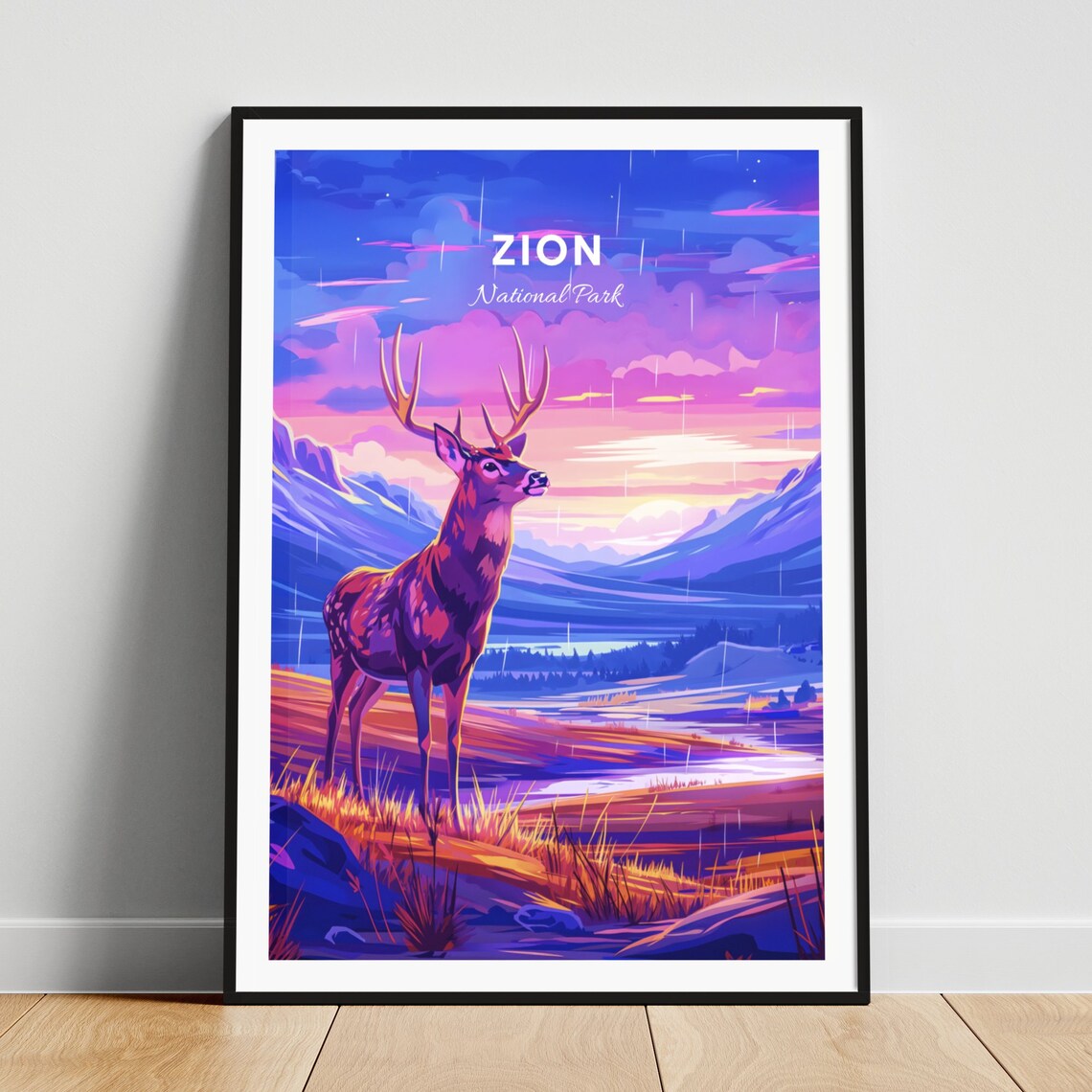 Zion National Park Deer Sunset Canyon Wildlife Vintage Travel Poster