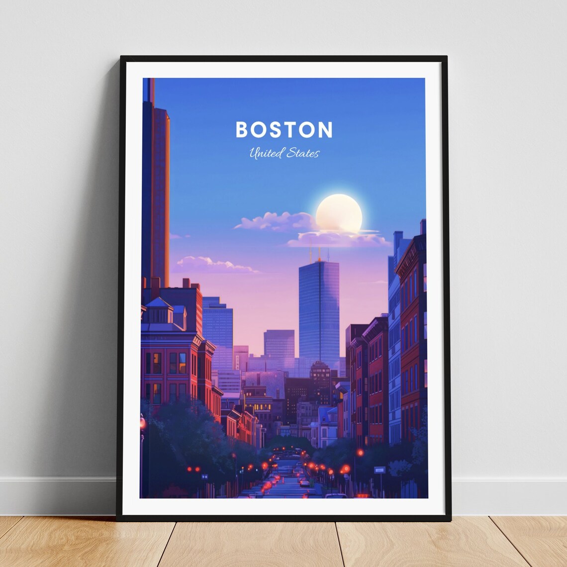 Boston Massachusetts Downtown Street Night Moon Skyline Travel Poster