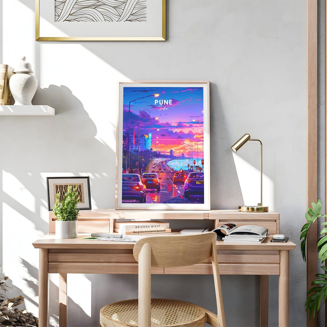 Vibrant Pune India Neon Sunset Highway Traffic Over Water Poster - Image 4