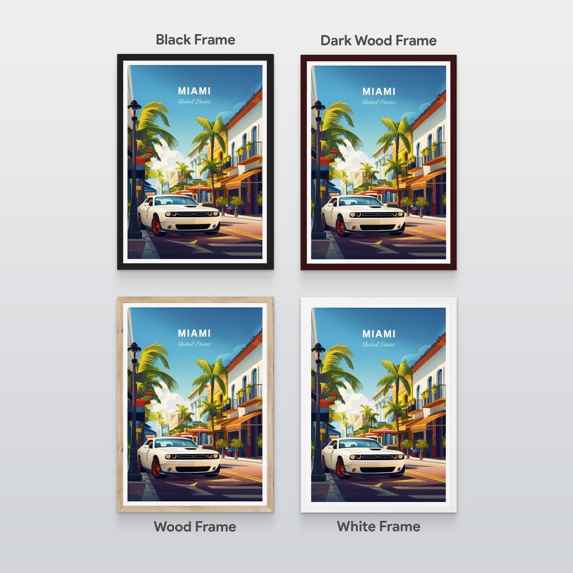 Miami United States White Muscle Car Palm Lined Street Travel Poster - Image 2