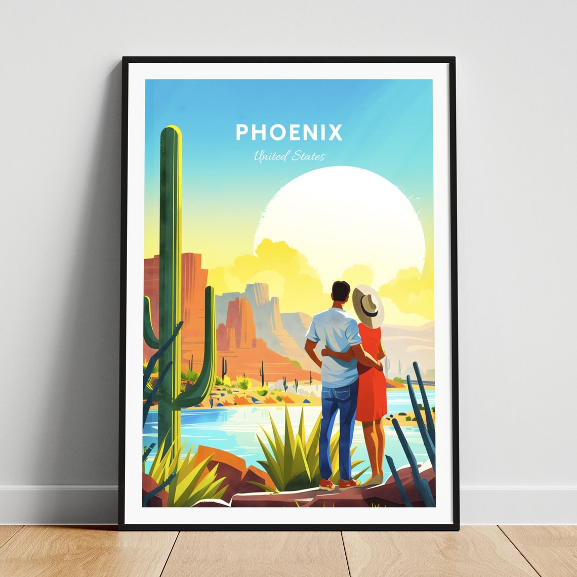 Phoenix Arizona Desert Sunset Saguaro Cactus Red Rocks Travel Poster