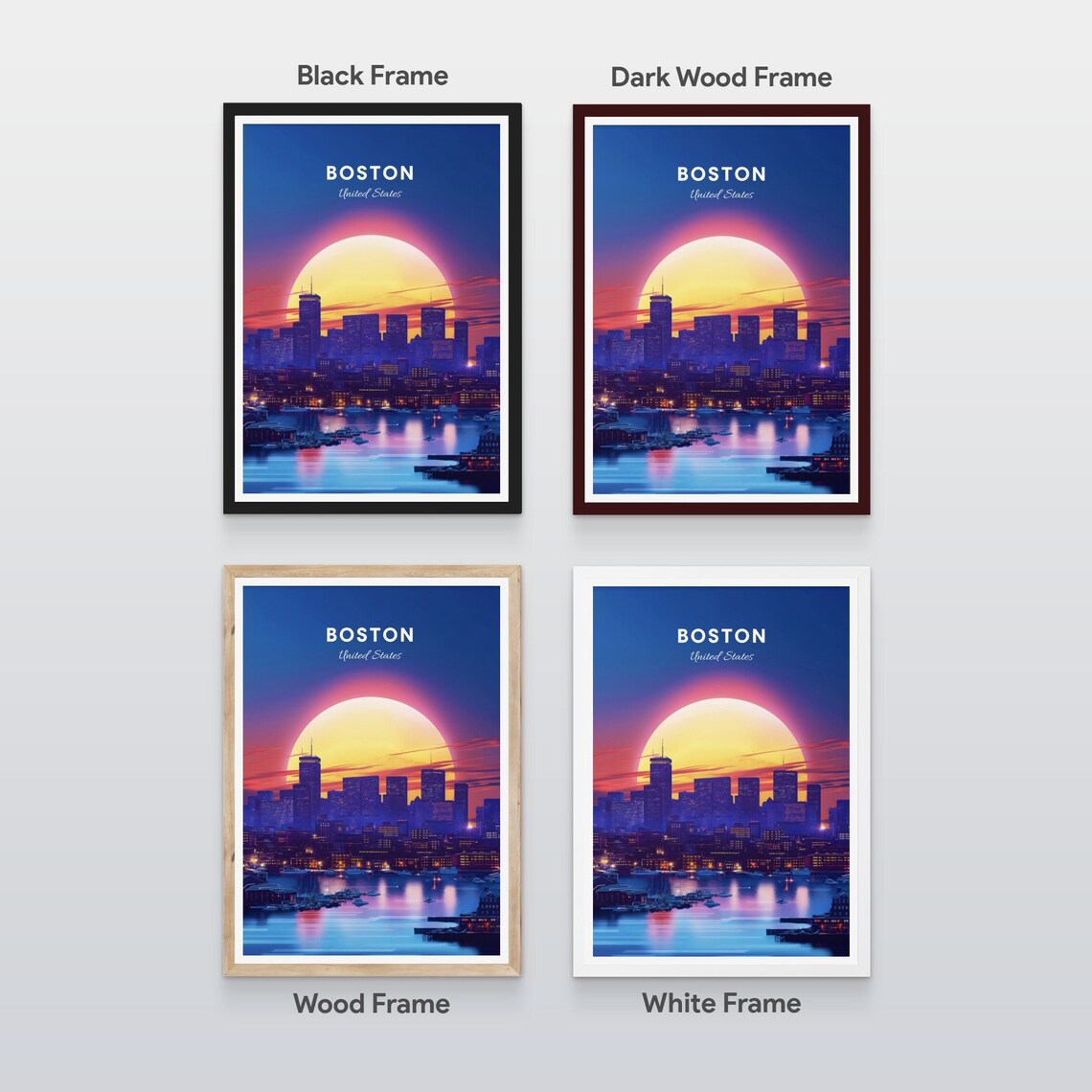 Boston Massachusetts Harbor Sunset Skyline Sailboats Travel Poster - Image 2