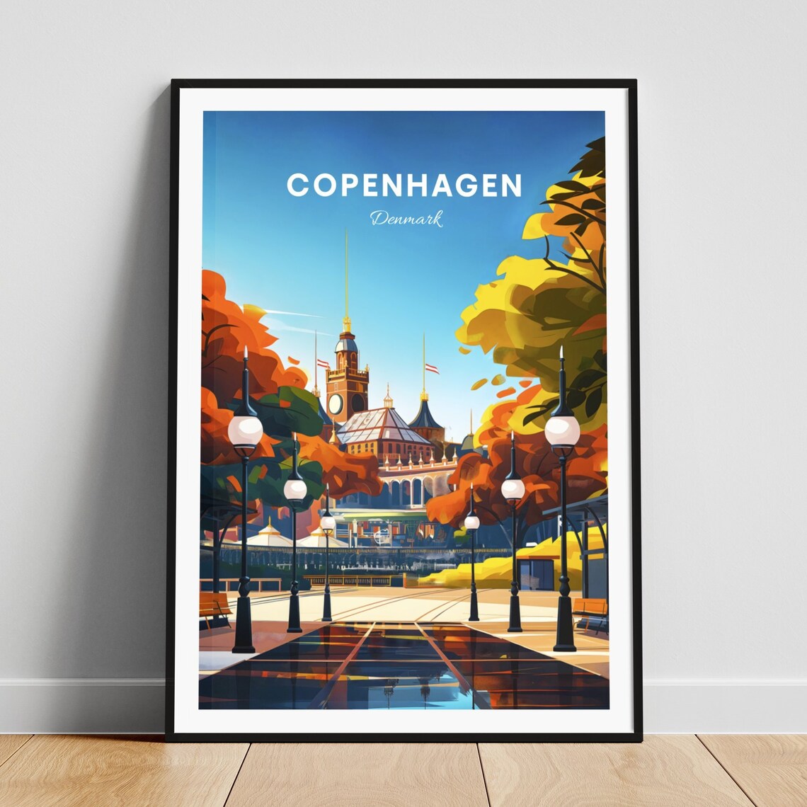 Copenhagen Denmark Tivoli Autumn Evening Street Lamps Travel Poster
