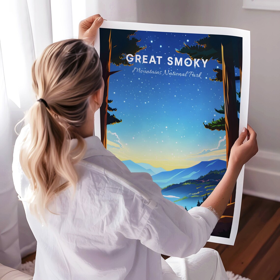Great Smoky Mountains Couple Watching Sunrise Overlook Travel Poster - Image 3