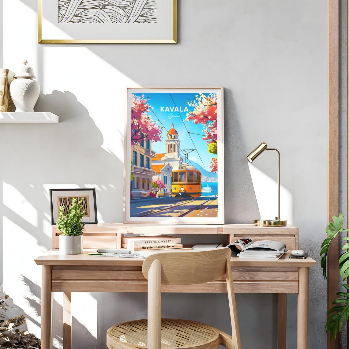 Kavala Greece Orange Tram by Clock Tower Church with Blossoms Poster - Image 4