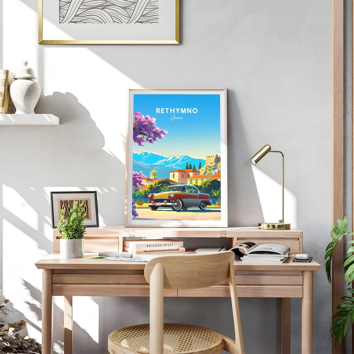 Rethymno Greece Classic Car Town Fortress Hill Travel Poster - Image 4