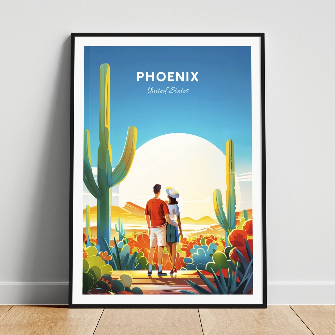 Phoenix Arizona Desert Saguaro Cactus Sunset Couple Travel Poster