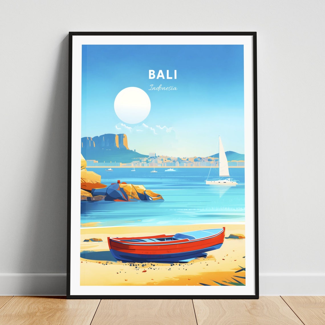 Bali Indonesia Sandy Beach Red Boat Sailboat Coast View Poster