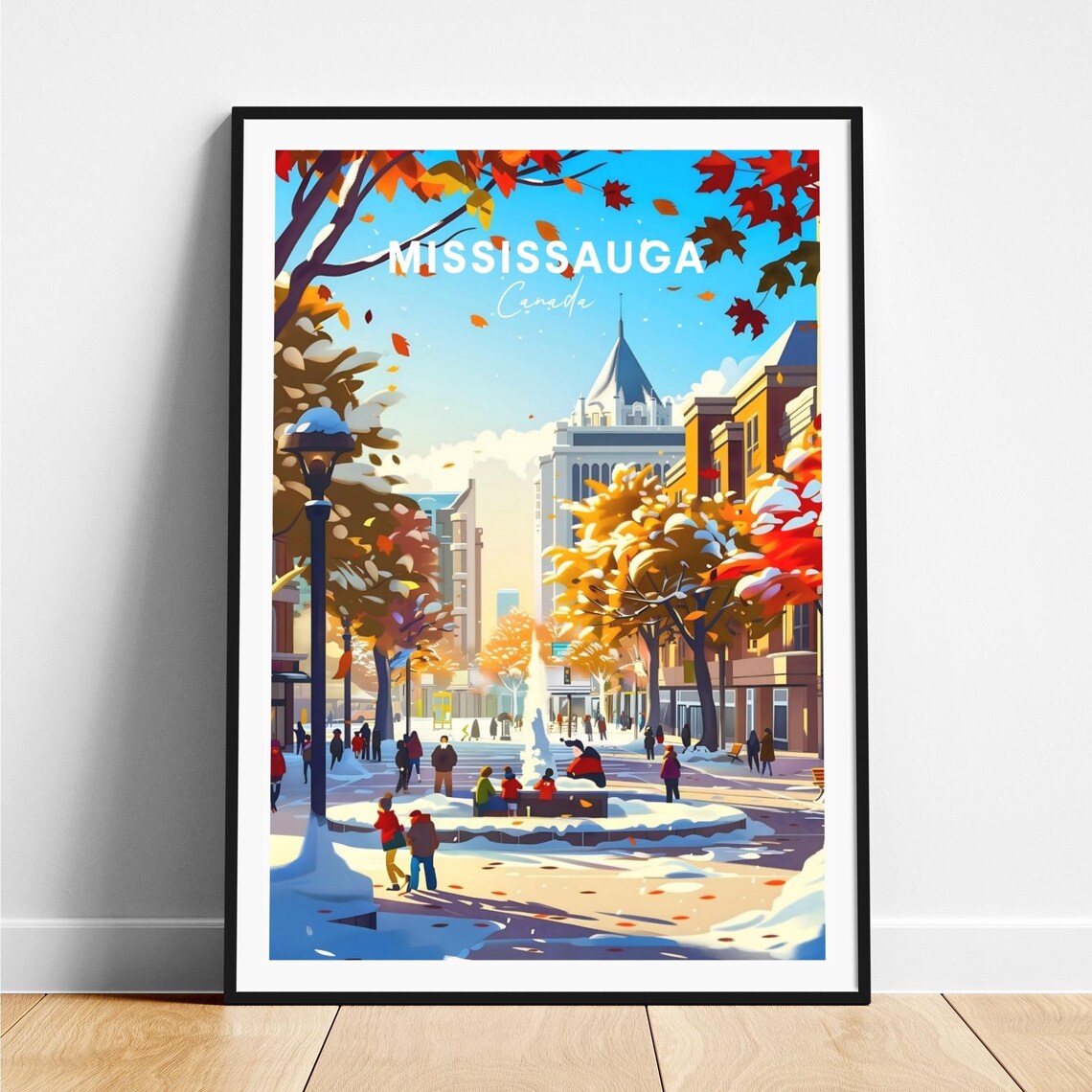 Mississauga Canada Snowy Street Autumn Leaves Crowd Scene Poster