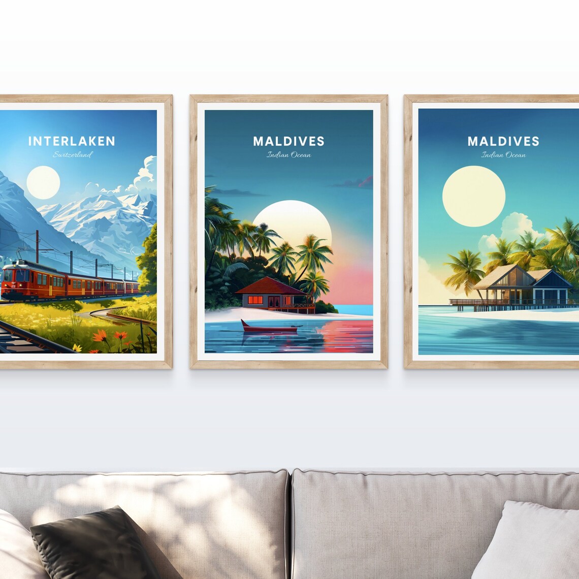 Maldives Beach Hut Golden Sunset Sailboat Vintage Travel Wall Poster - Image 4