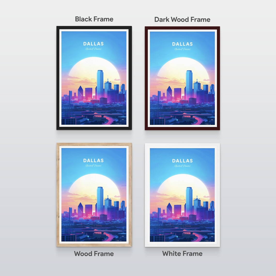 Dallas Skyline at Sunrise Behind a Giant Glowing Morning Sun Poster - Image 2