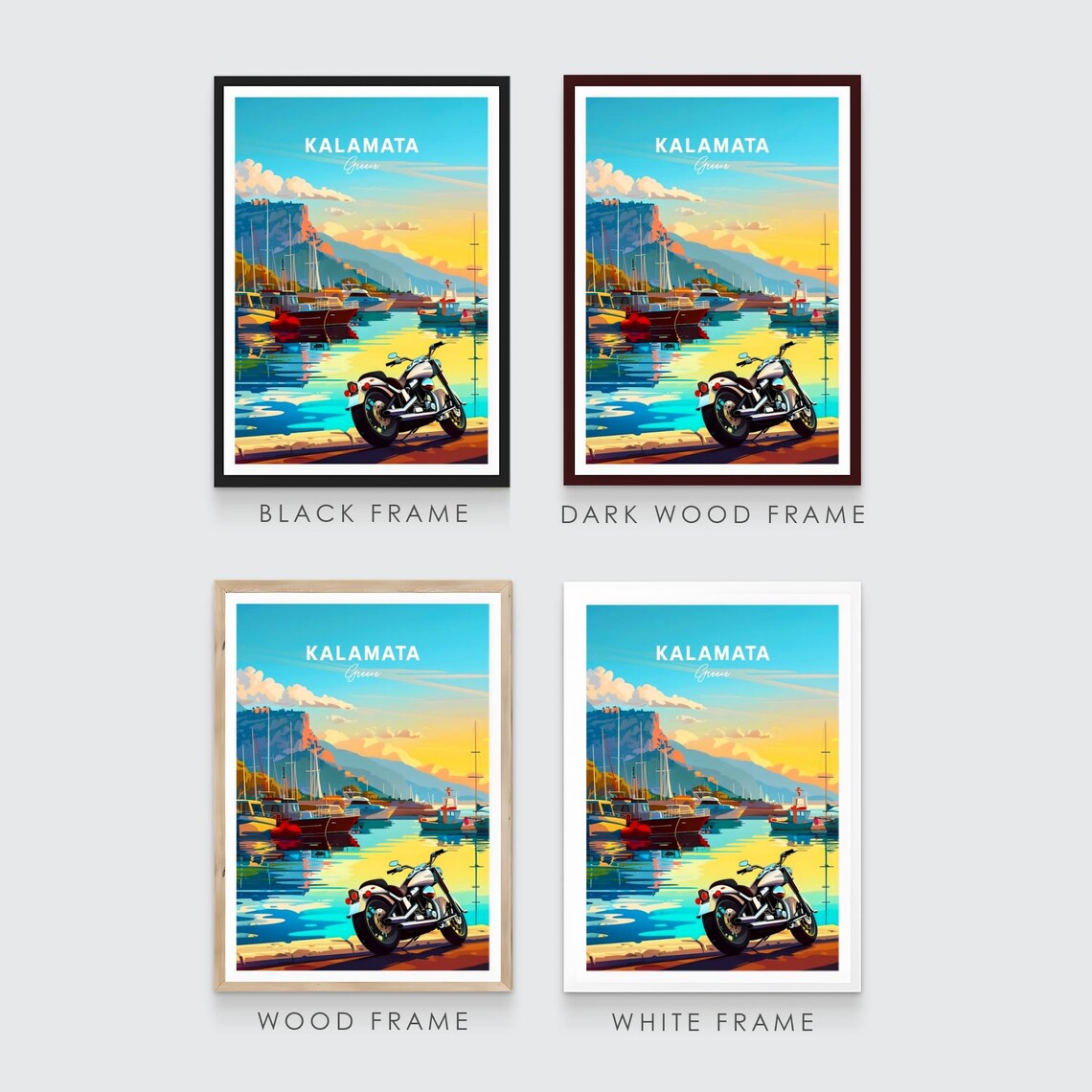 Kalamata Greece Harbor Boats Motorcycle Sunset Travel Art Poster - Image 3