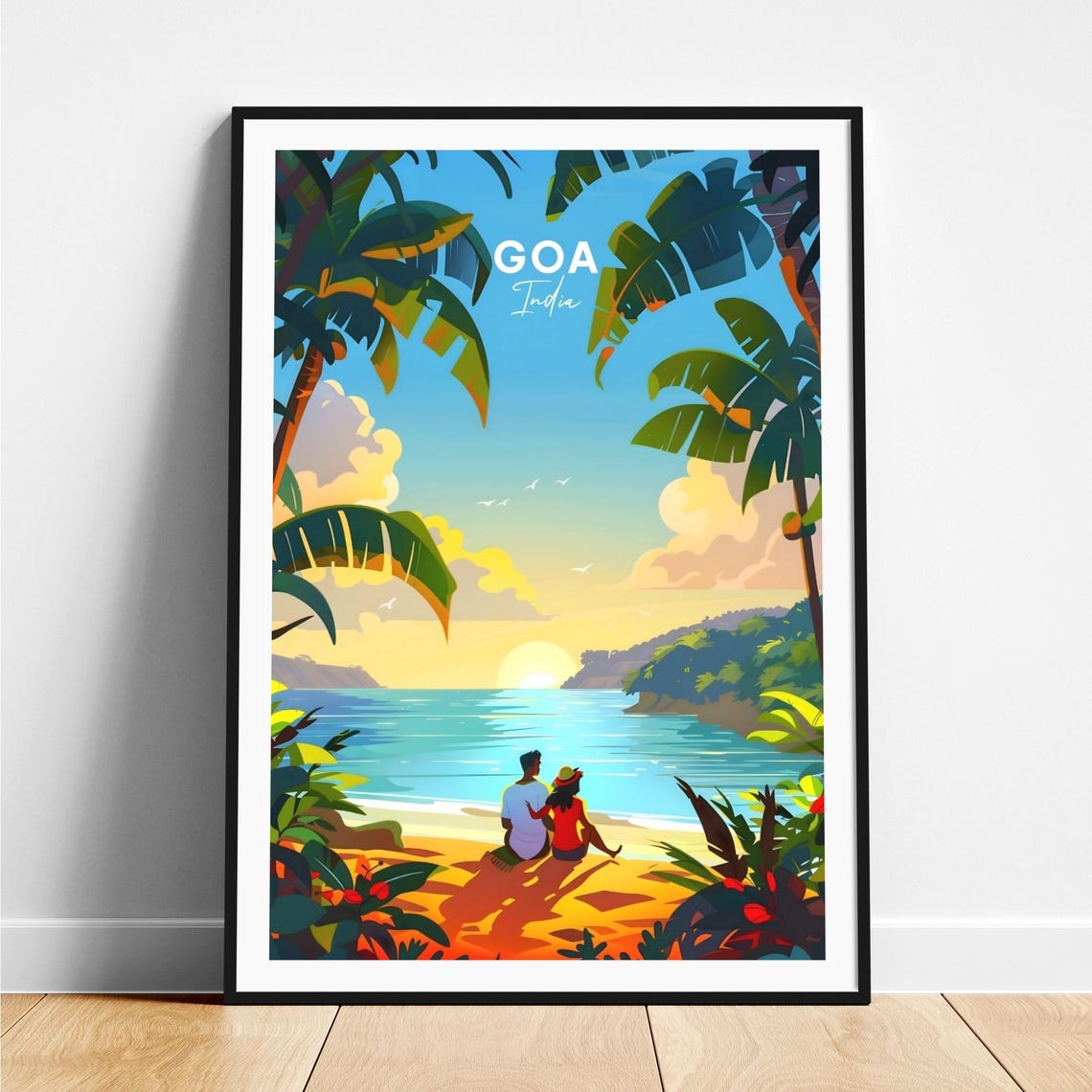 Goa India Sunset Beach Couple Palms Ocean Golden Hour Travel Poster