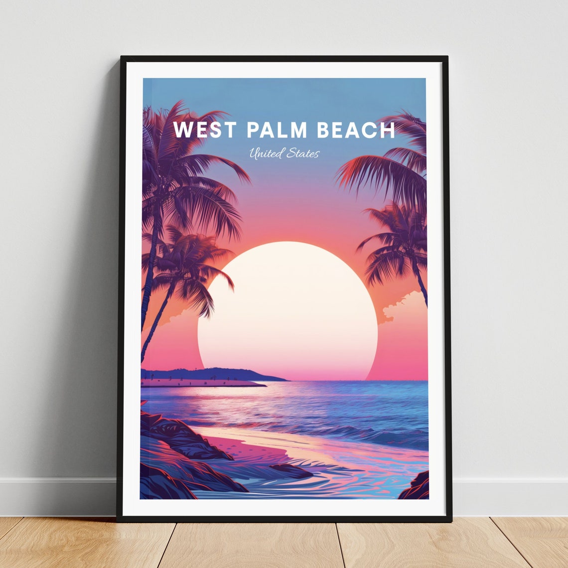 West Palm Beach Florida Palm Silhouette Ocean Sunset Travel Poster