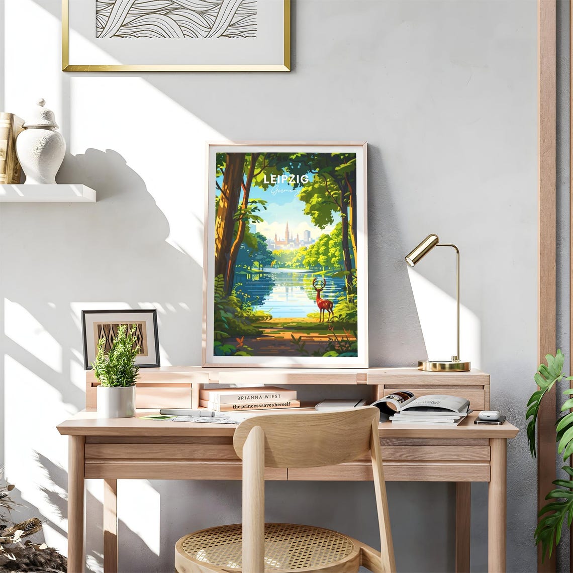 Leipzig Germany Forest Lake Deer City Skyline View Art Poster - Image 4