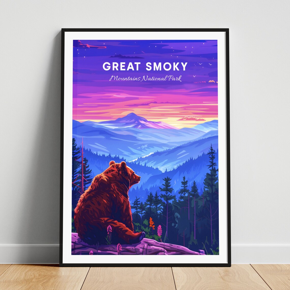 Great Smoky Mountains Bear Gazing Purple Sunset Travel Poster