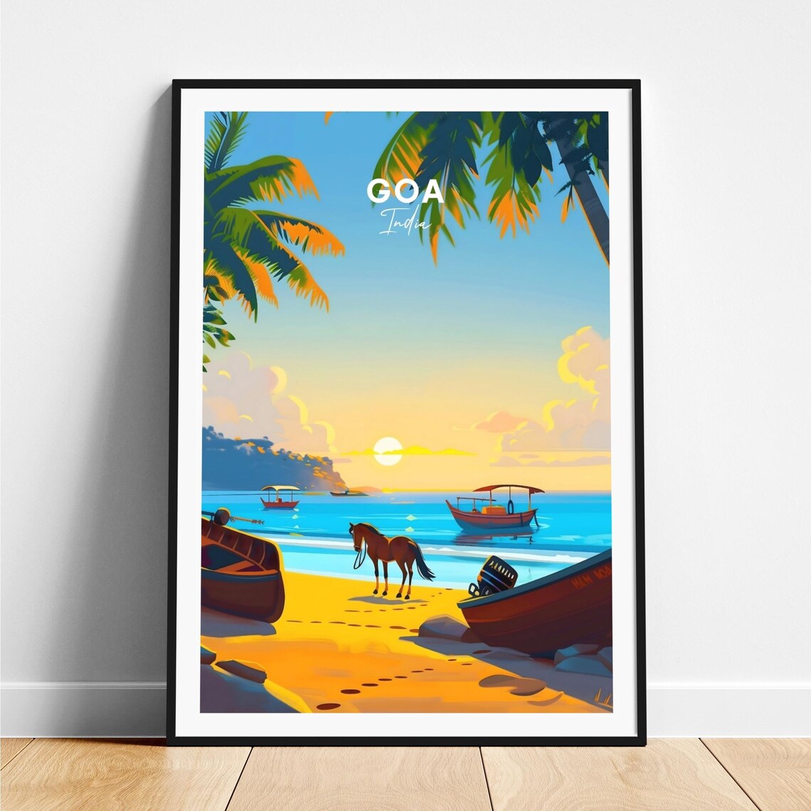 Goa India Golden Beach Boats Horse Sunset Coastal Travel Poster