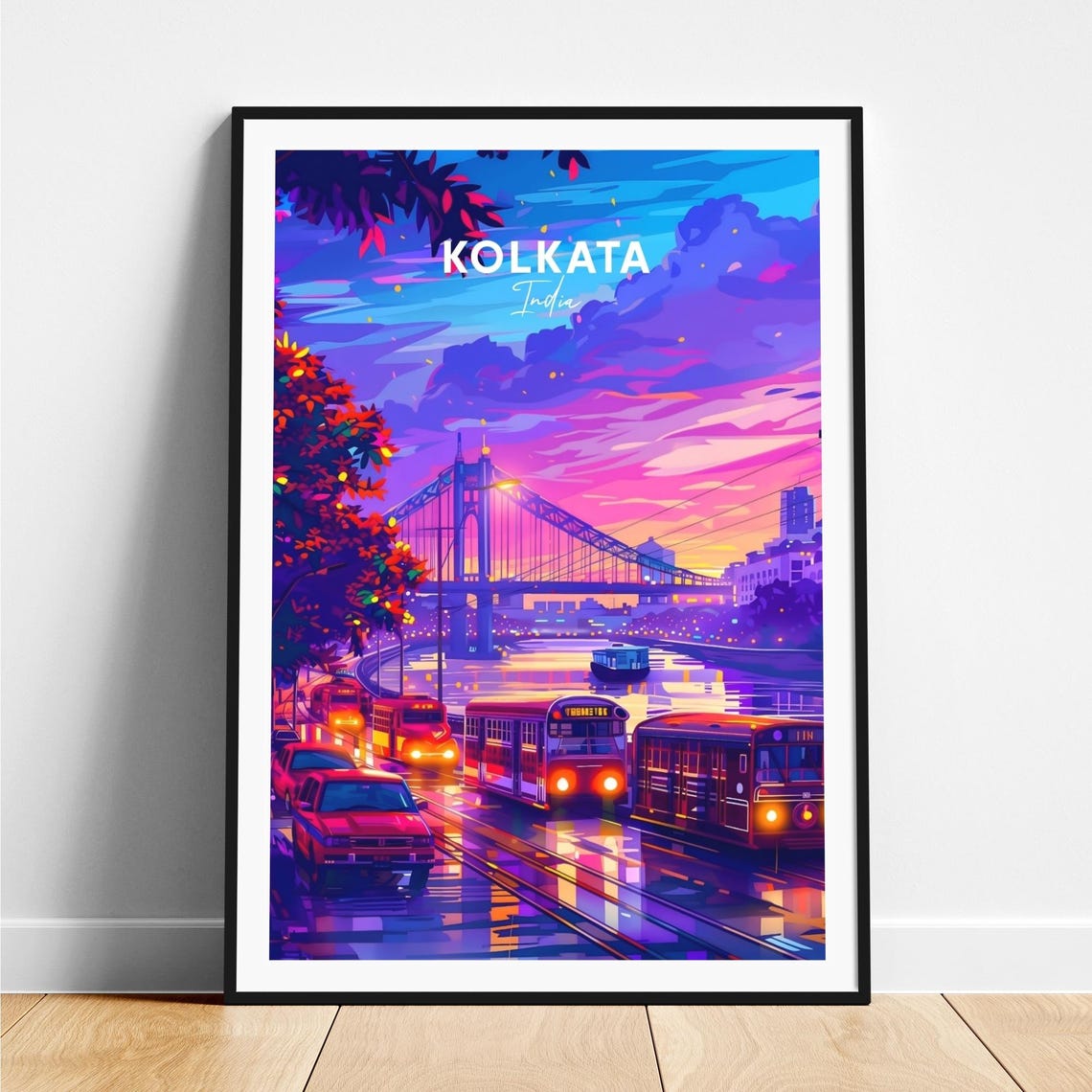 Kolkata India Howrah Bridge Sunset Trams Neon Cityscape Travel Poster