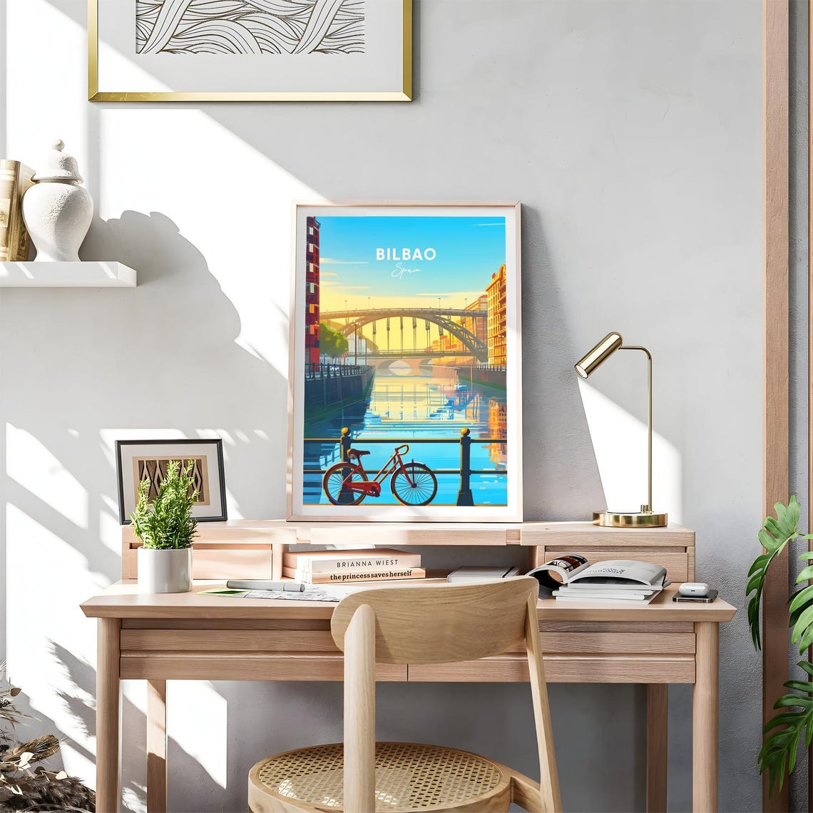 Bilbao Spain Golden River Arched Bridge Red Bicycle Morning Poster - Image 4