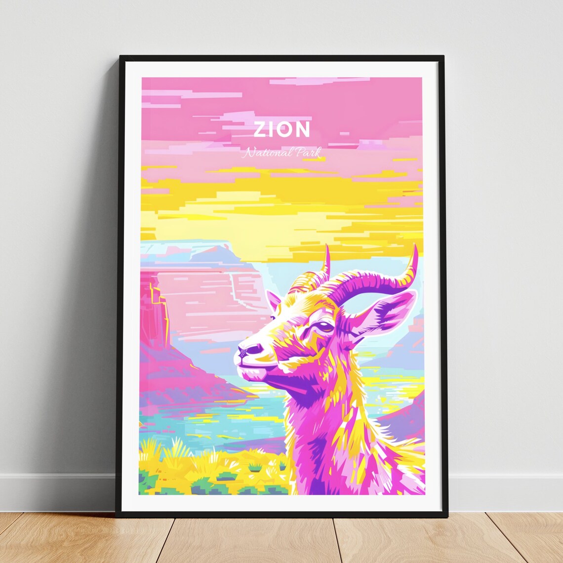Zion National Park Bighorn Sheep Sunset Desert Mesa Travel Poster