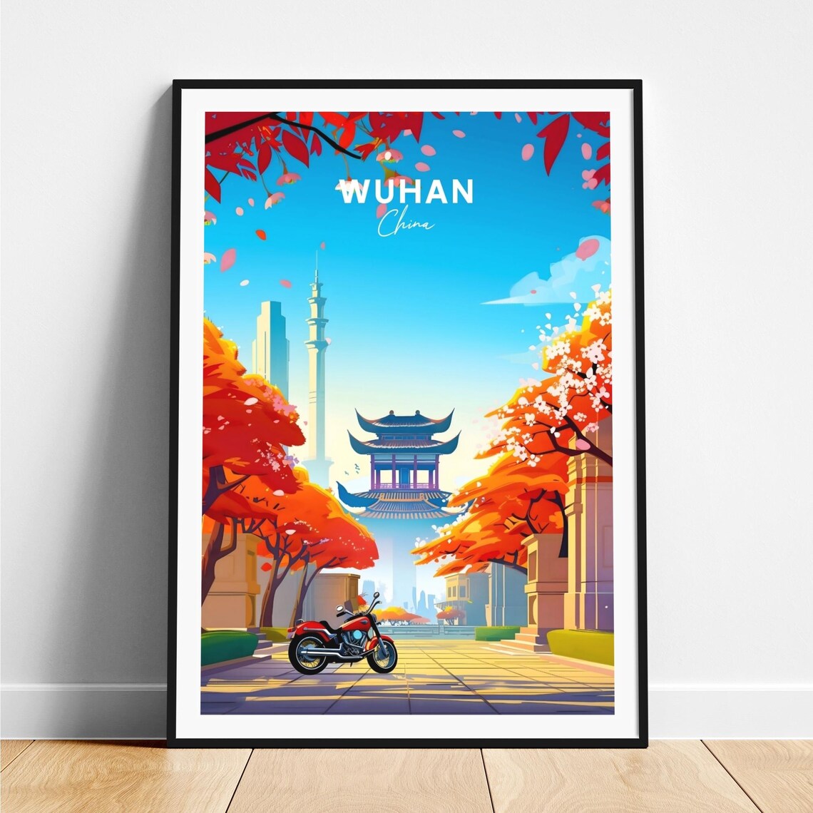 Wuhan China Historic Pagoda Red Motorcycle Autumn Leaves Poster