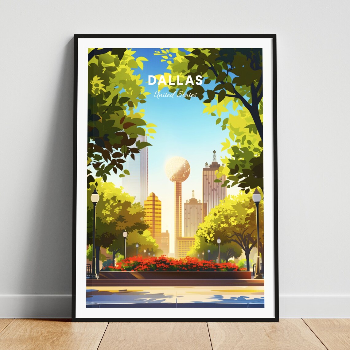Dallas Texas Reunion Tower Skyline Green Park City Travel Poster