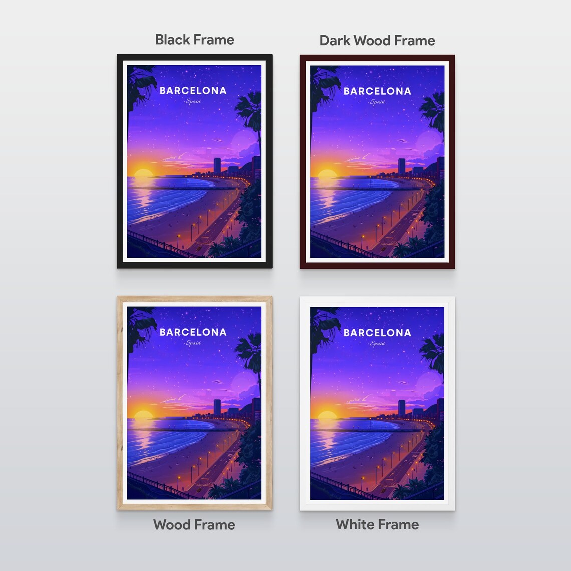 Barcelona Spain Starry Night Beach Purple Sky Glow Travel Poster - Image 2