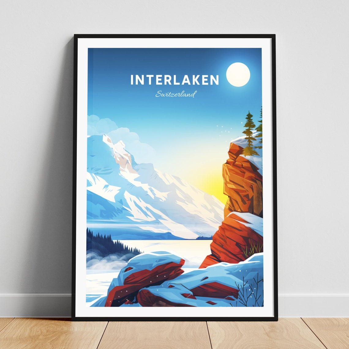 Interlaken Switzerland Snowy Peak Red Rock Cliff Lake Poster