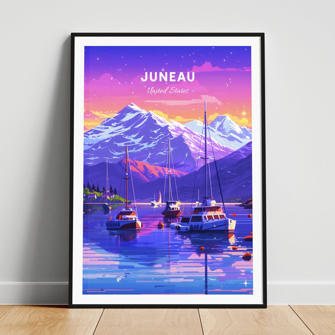 Juneau Alaska Sailboats Sunset Purple Sky Snowy Peaks Poster