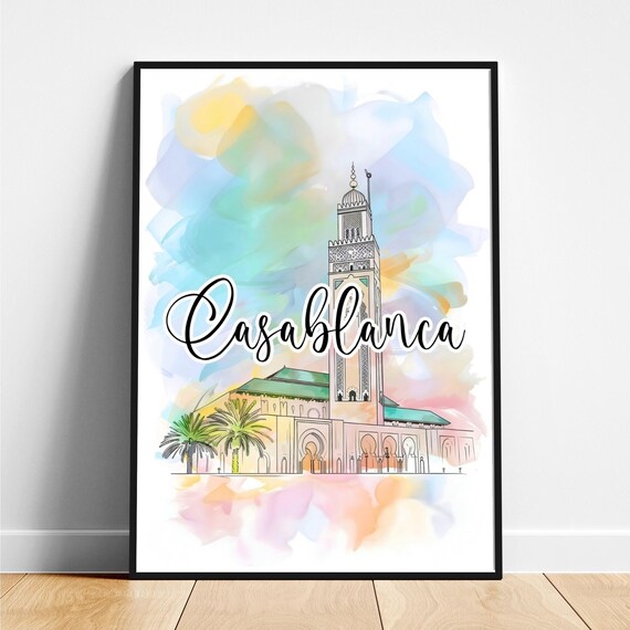 Casablanca Morocco Watercolor Hassan II Mosque Palm Sketch Travel Poster