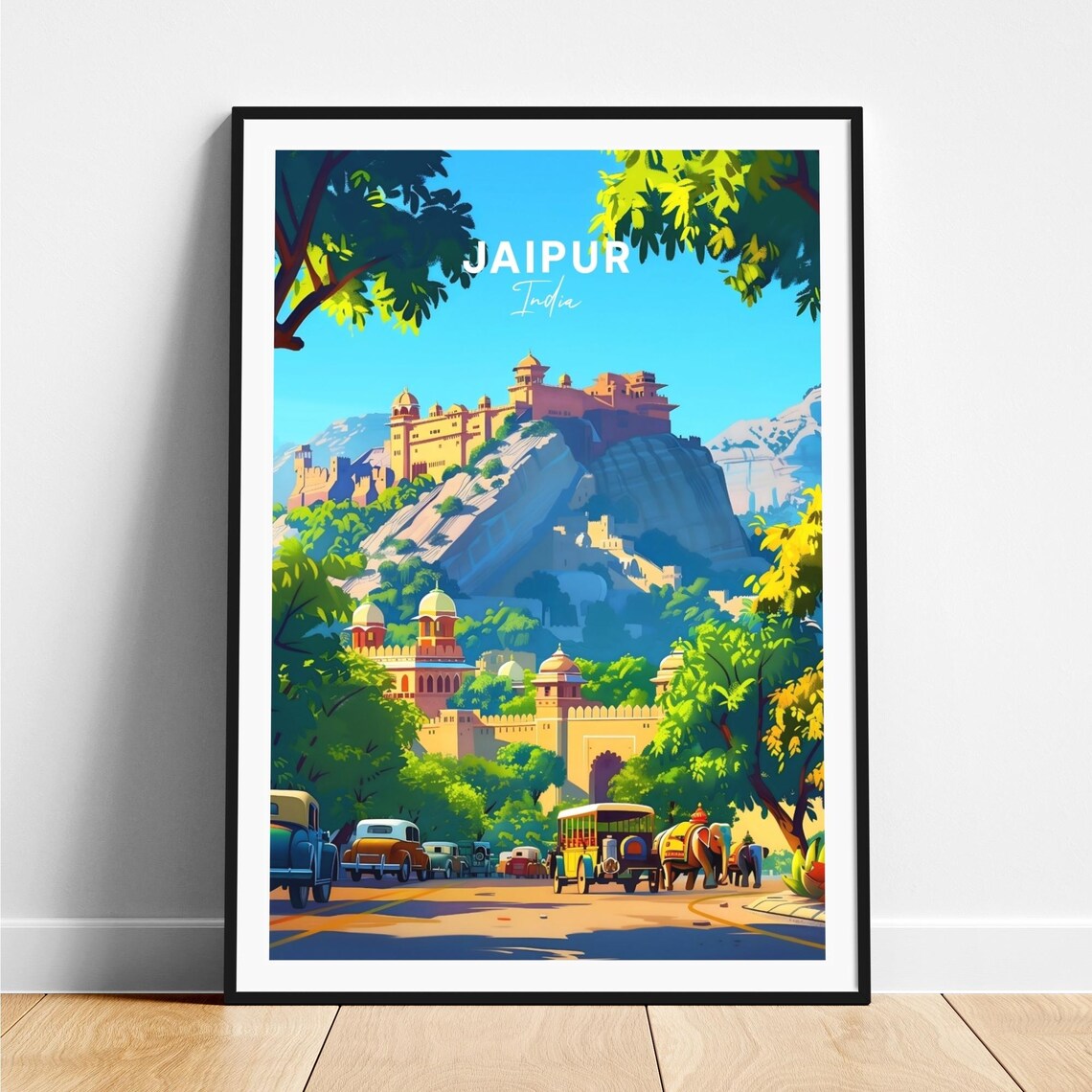 Jaipur Hilltop Amber Fort Elephants Vintage Cars Travel Poster