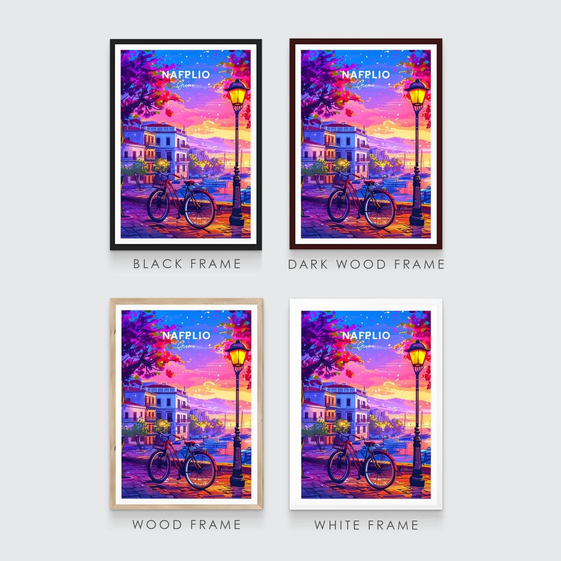Nafplio Greece Red Bicycle Harbor Sunset Blossom Travel Poster - Image 3