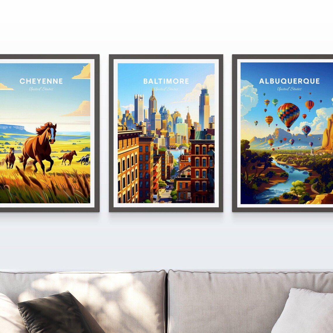 Baltimore Sunlit Brick Street and Golden City Skyline Travel Poster - Image 3