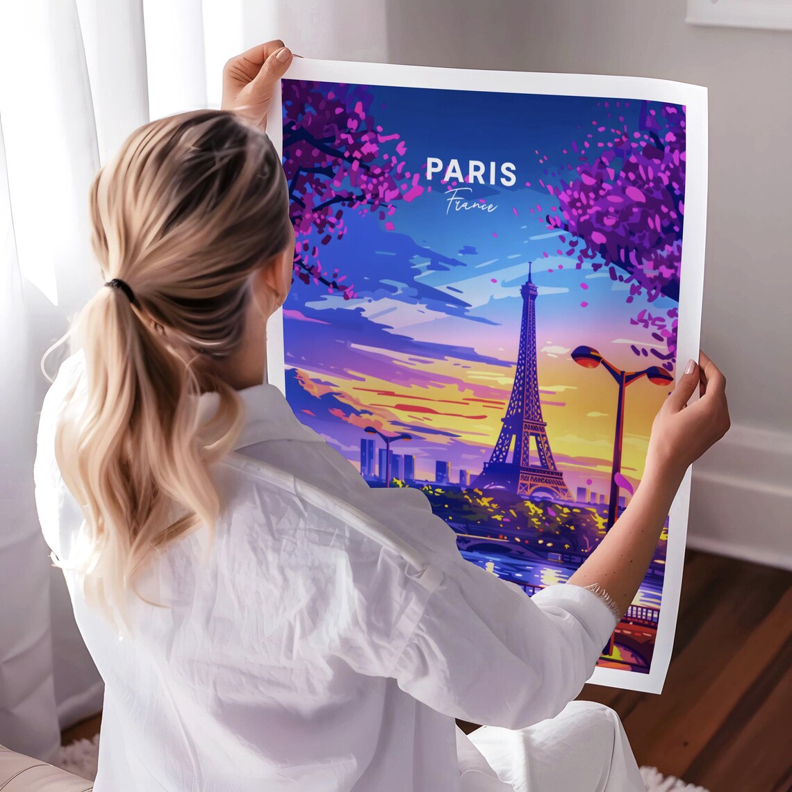 Paris France Eiffel Tower Sunset Cherry Blossom River Travel Poster - Image 3