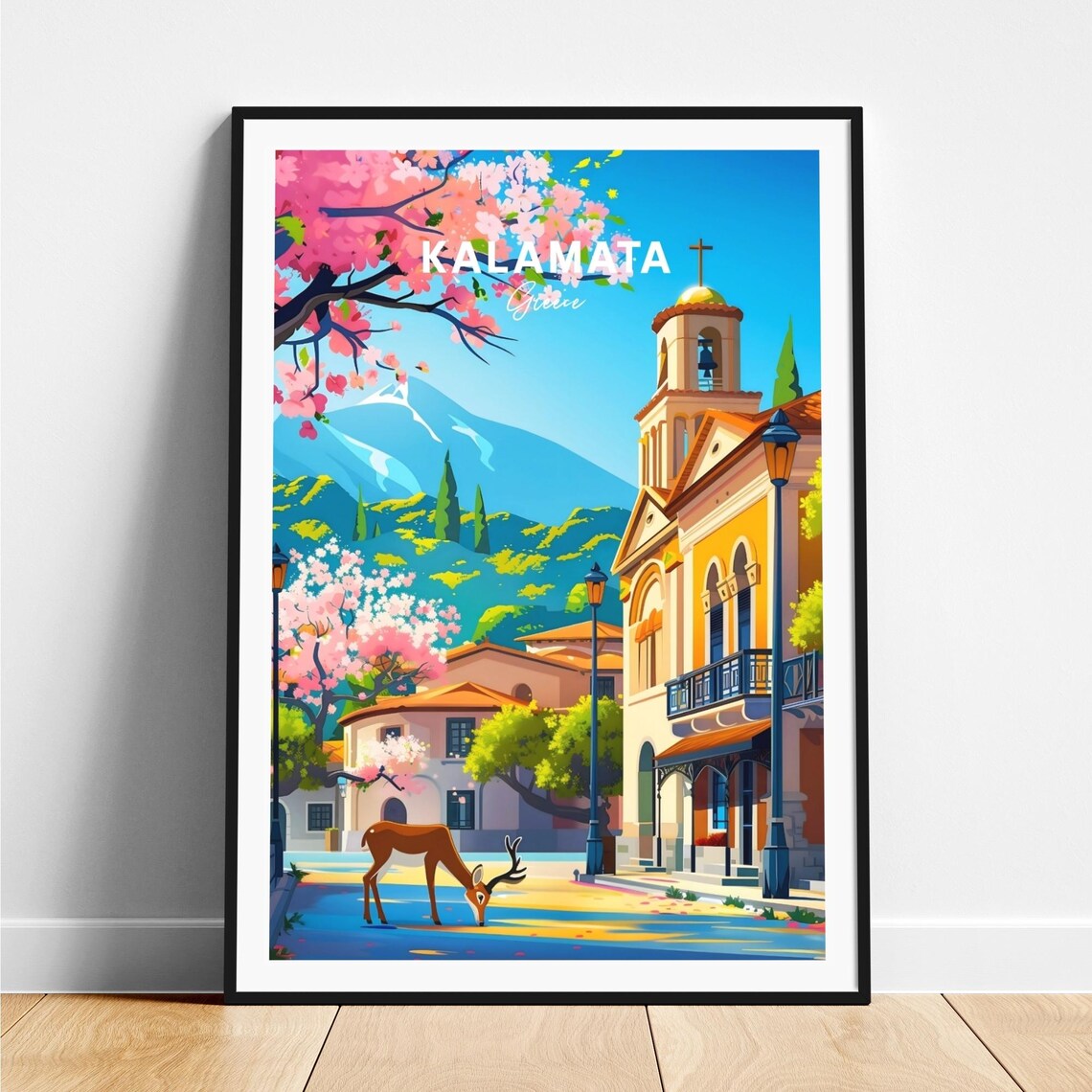 Kalamata Greece Deer Grazing Old Town Church Blossom Travel Poster