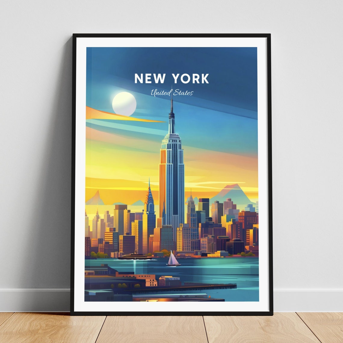 New York Empire State Building Sunset Sailboat Vintage Travel Poster
