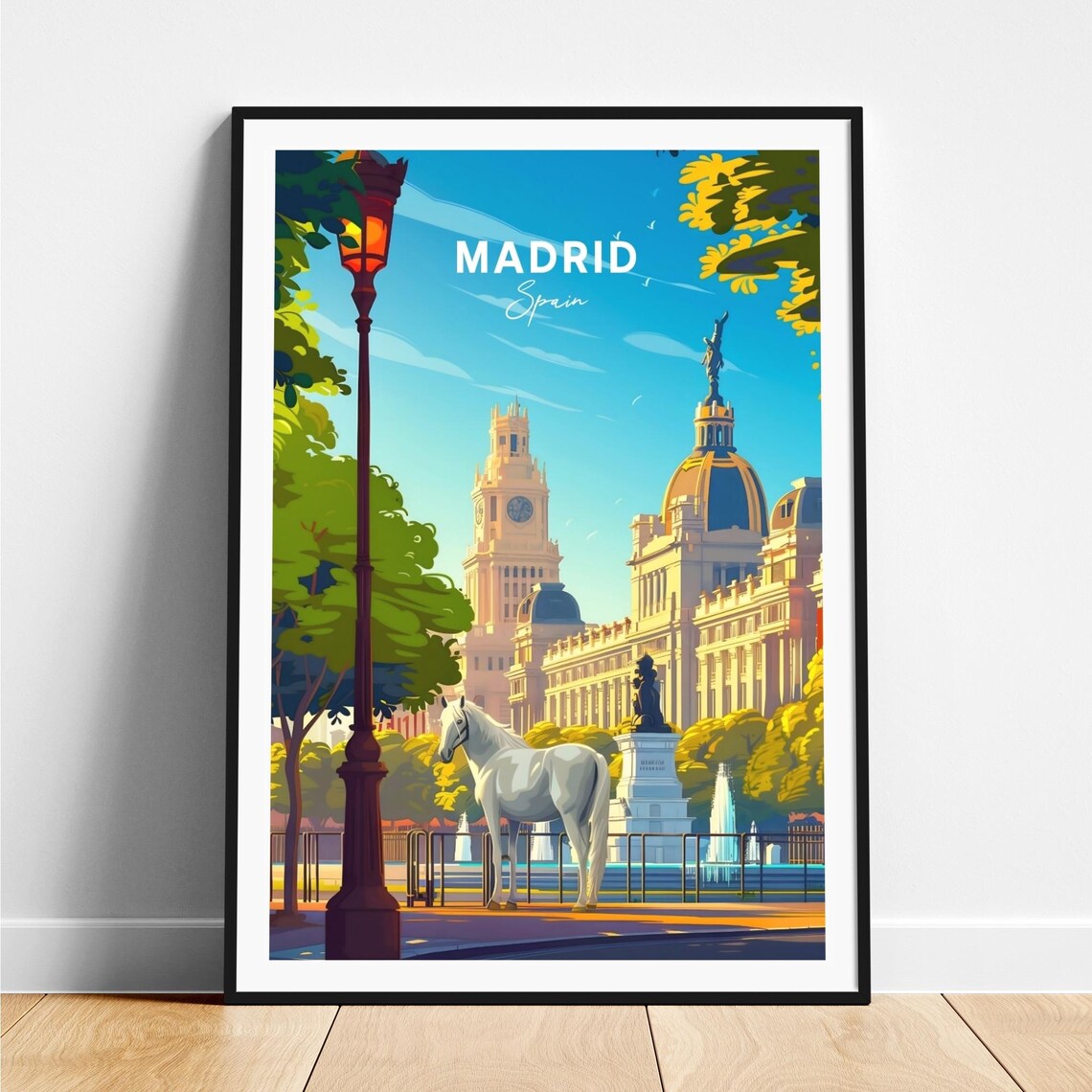 Madrid Plaza White Horse Clock Tower Fountain Square Travel Poster