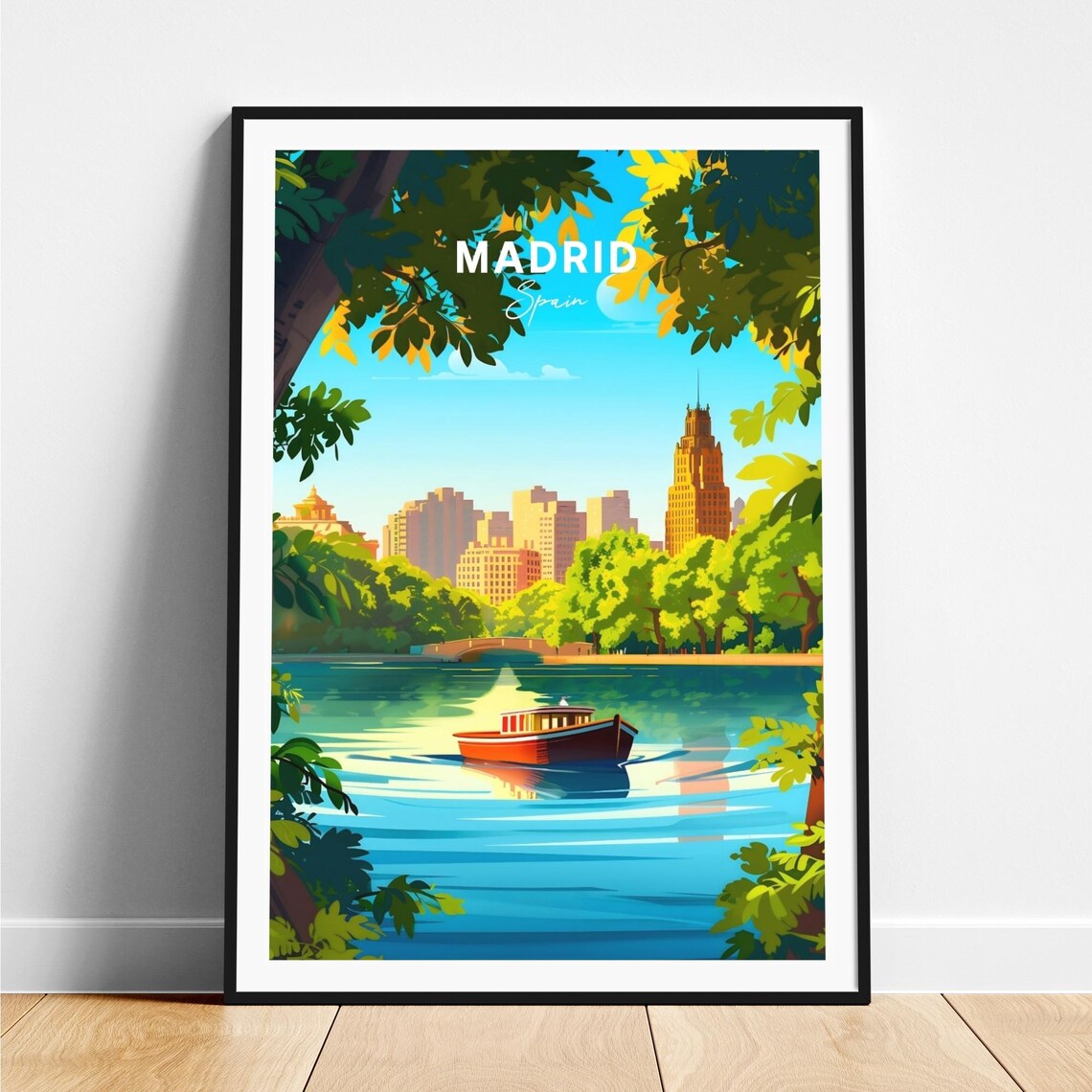 Madrid Park Lake Red Boat City Skyline Leafy Trees Travel Poster