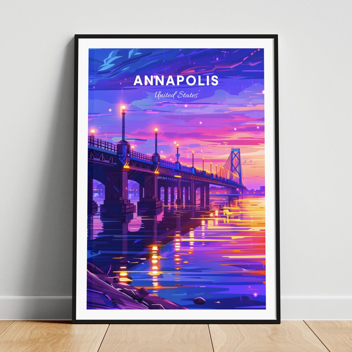 Annapolis Maryland Night Bridge Lights Purple Evening Sky Poster