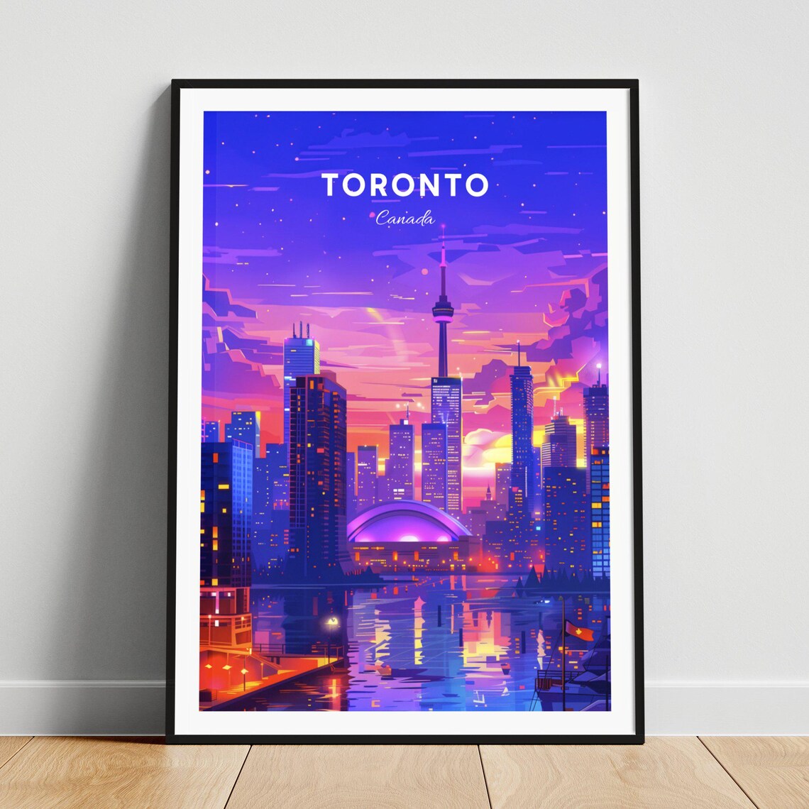 Toronto Night Skyline with the CN Tower Over the Harbor Water Poster