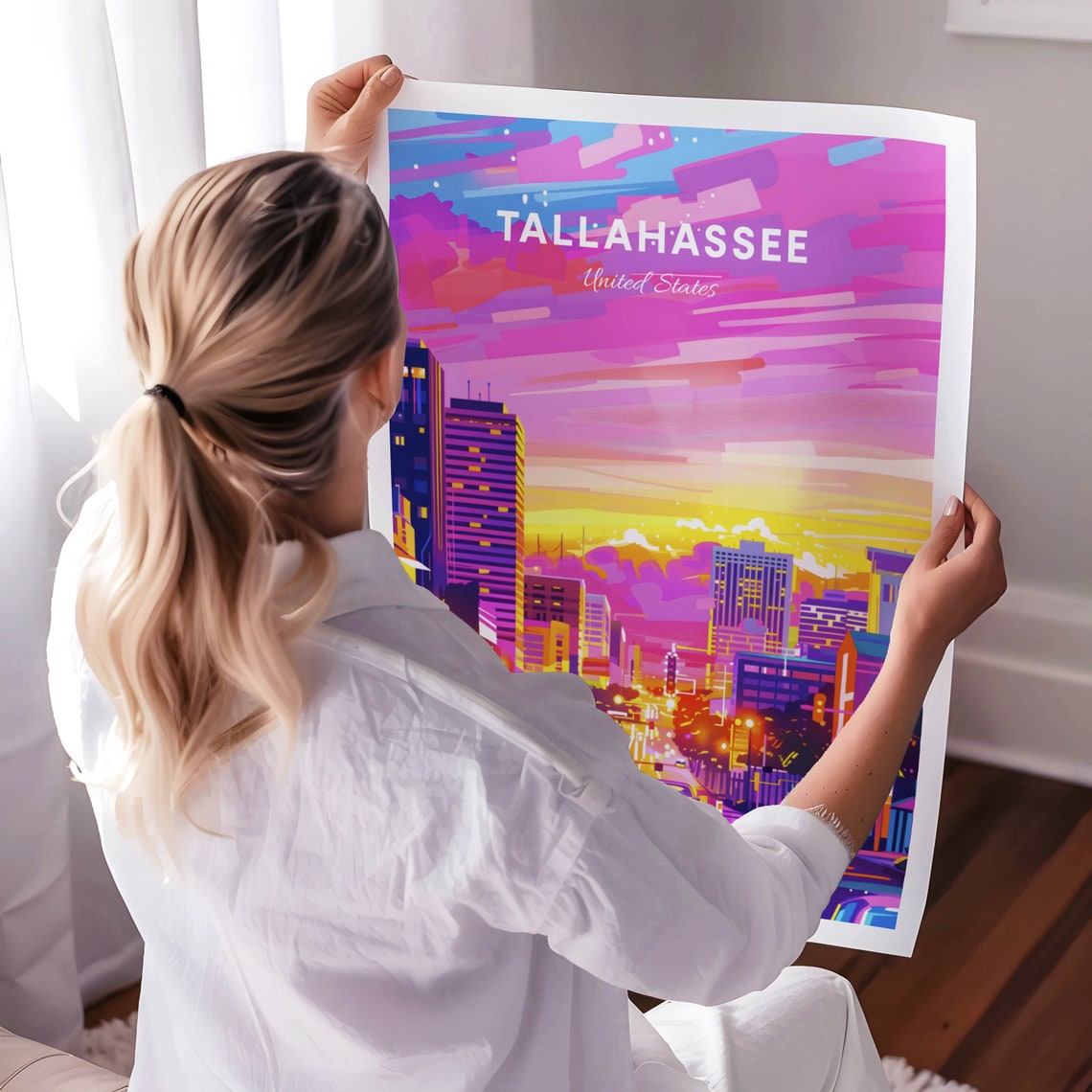 Tallahassee Florida Downtown Neon Street Glowing Sunset Poster - Image 3