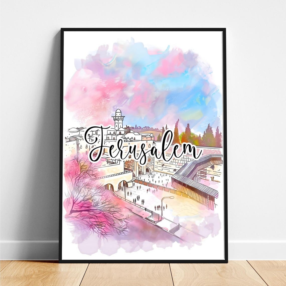 Jerusalem Old City Walls Watercolor Script Lettering Travel Poster