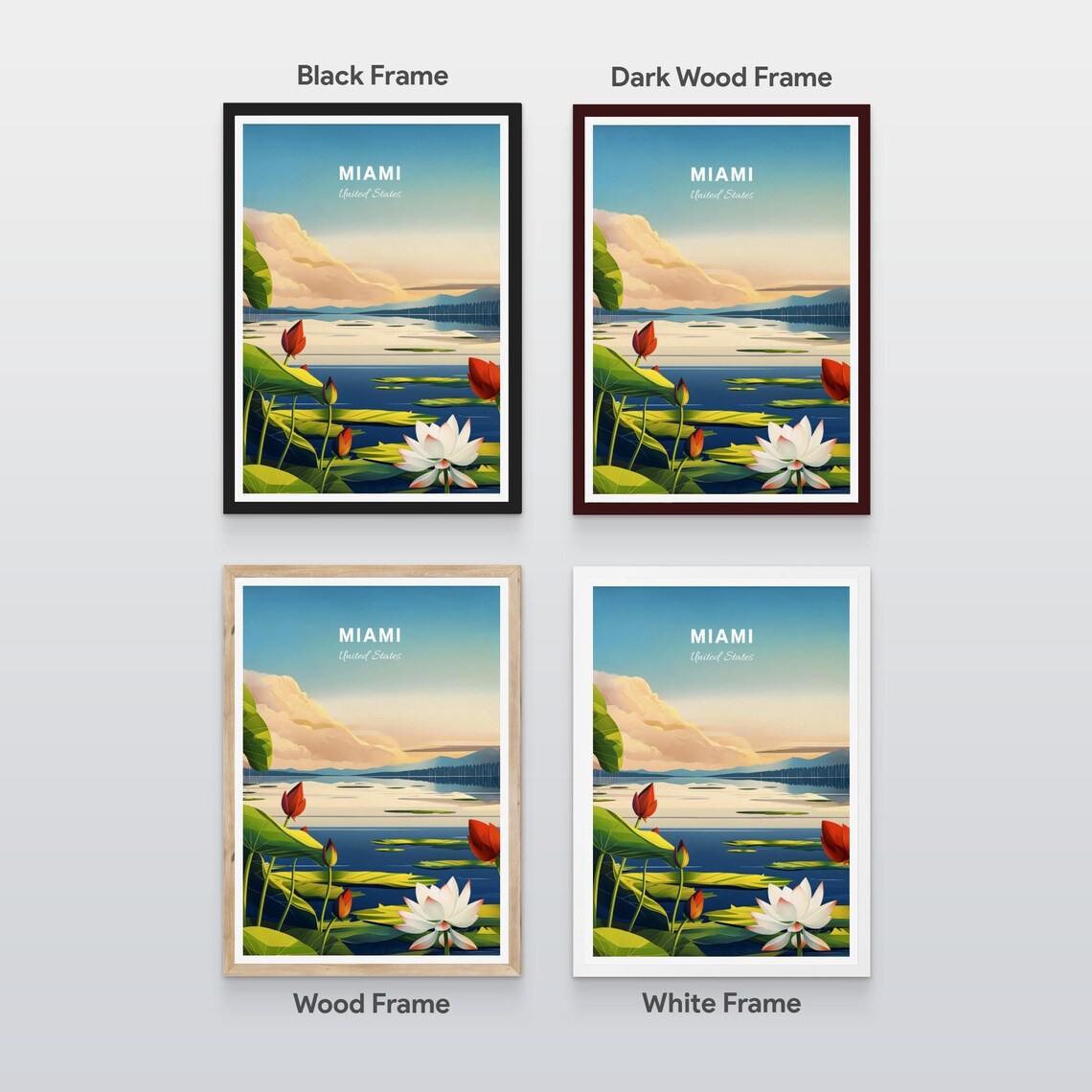 Miami Florida Lotus Lake Sunset Water Lilies Serene Travel Poster - Image 2