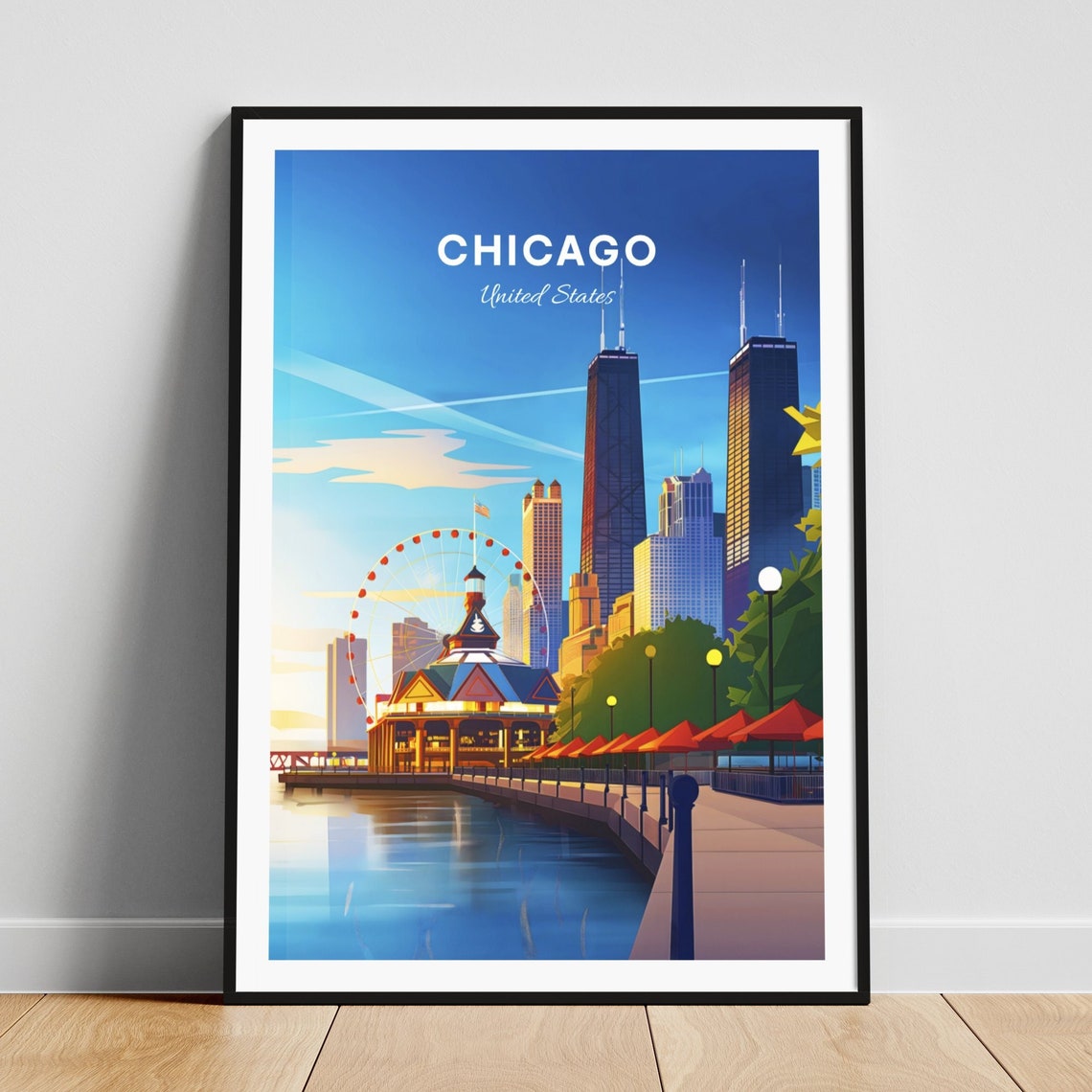 Chicago Illinois Navy Pier Ferris Wheel Lakefront Travel Art Poster