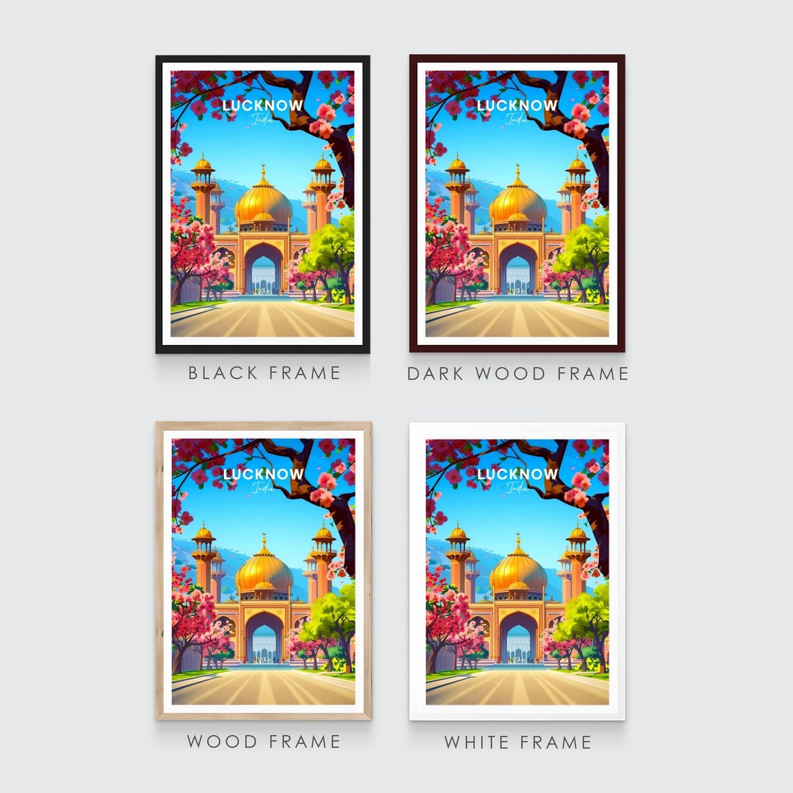 Lucknow Golden Dome Mosque Cherry Blossoms India Travel Poster - Image 3